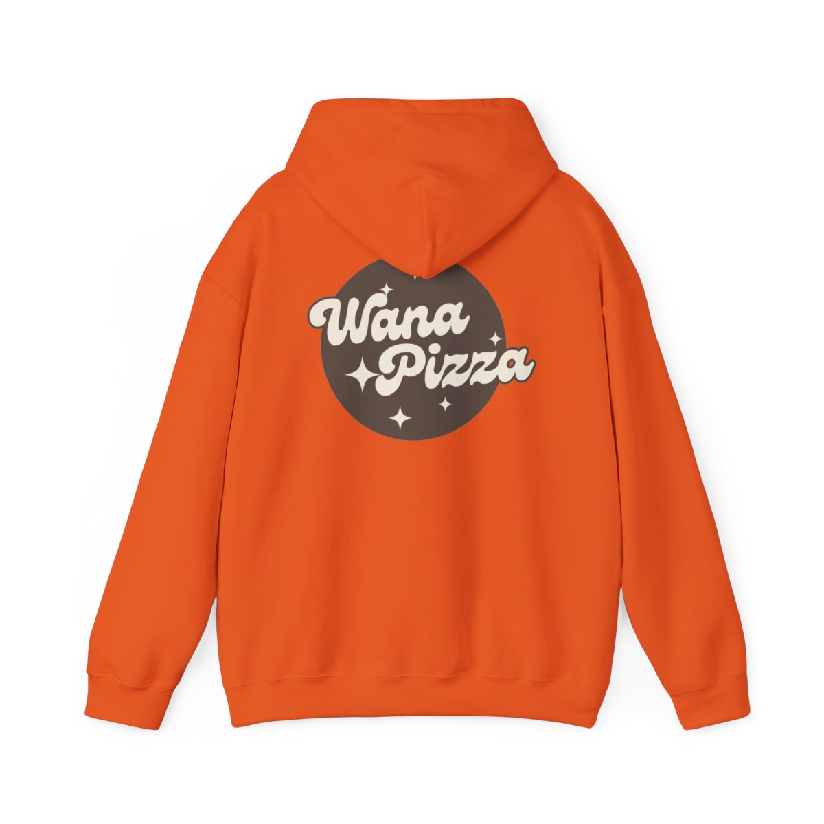 Orange Wana Pizza graphic hoodie, back view